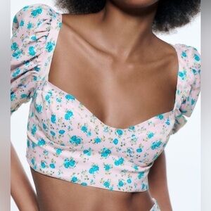 Zara Multicolor Floral Puffed Sleeve Lavender Pink Cropped Blouse Sz. L NWT!